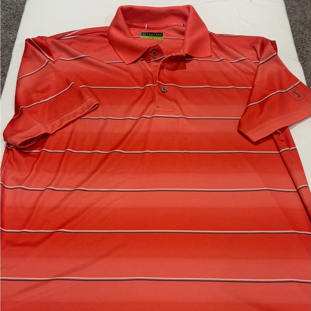 PGA Tour Red and Gray Striped Polo Shirt